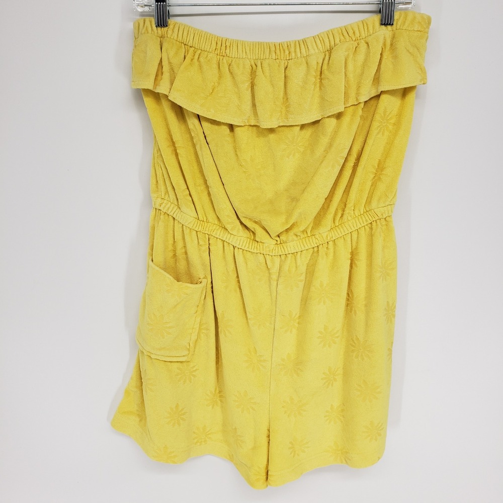 Vintage 90s Tropical Escape Terry Cloth Romper Women Size M Yellow Strapless
